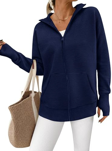 PRETTYGARDEN Womens Fall 2025 Long Sleeve Zip Up Cardigan Sweaters Casual Loose Collared Ribbed Knit Tops Jackets Thumb Hole(Navy Blue,Medium)