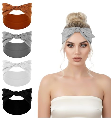 4PCS Bow Wide Headbands for Women, Bow Elastic Headbands for Women, Knotted Headband, Head Bands for Women's Hair Non Slip(Gray, Black, Brown, White)