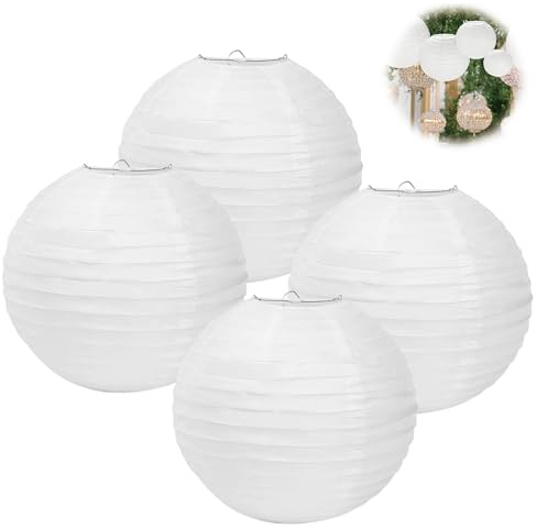 Pack of 4 Paper Lampshade Round Lanterns, Bamboo Style White Paper Lanterns for Creative DIY Projects Party Garden Wedding Decoration (20 cm, 8 Inches)
