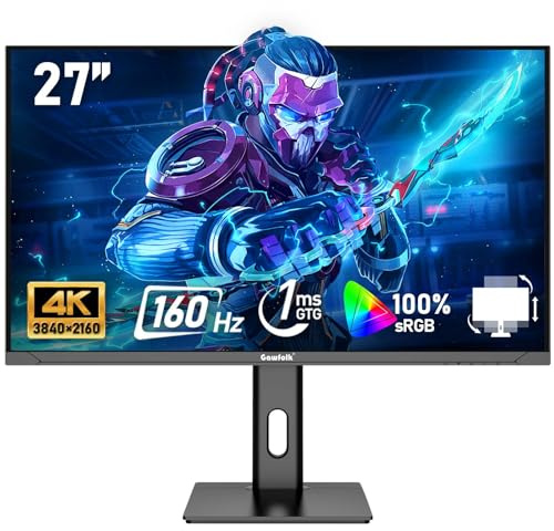 Gawfolk Schermo PC IPS da 27 pollici, Monitor Gaming 4K 160Hz, 1ms, FreeSync, 100% sRGB, Angolo di Visualizzazione 178°, HDMI 2.1, DisplayPort, Regolabile in Altezza e Girevole, VESA75x75MM - Nero