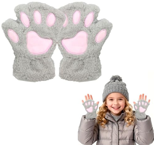 EQLEF Gant Chat Griffe, Gants Sans Doigts Mitaine Filles Patte de Chat Mignon Gants en Peluche D'hiver Chauds Gant Cosplay pour Enfants et Filles (Gris, 17cm)