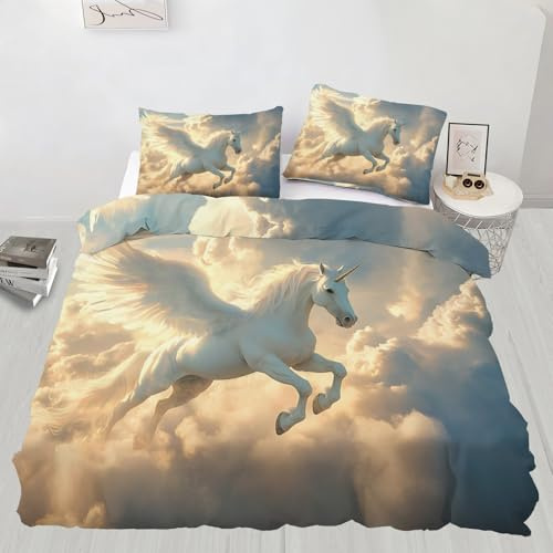 Juego de ropa de cama con diseño de caballo volador, tamaño King, criaturas míticas, funda de edredón con 2 fundas de almohada, suave y ligero, fácil cuidado para habitaciones de invitados de adultos