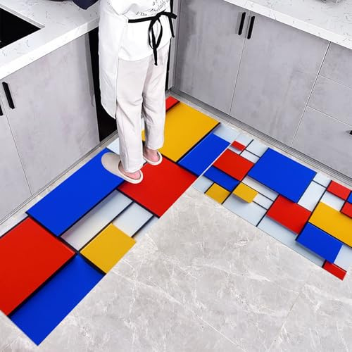 Patrón Cuadrado Alfombra de Cocina Antideslizante Alfombra de Cocinas, Geometría Abstracta Durable Anti-Fatiga Corredor de Pasillo para Cocinas Lavable de Cocina,45x75+45x150cm