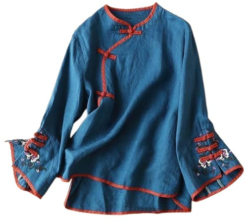 Zanisouta Blusa de seda para mujer, camiseta de manga larga china, blusa de traje tradicional, bordado, túnica, campana, camisa informal, botón de rana, blusa, blusa festiva