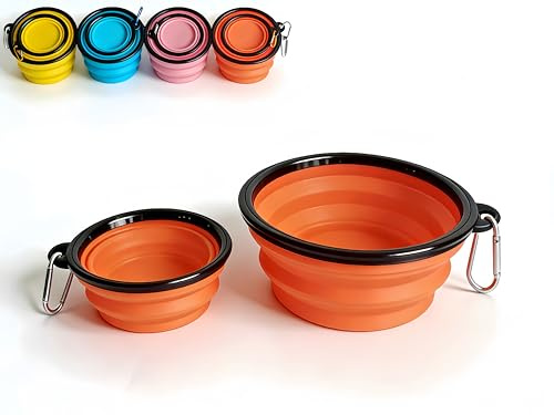 RQzaufania Cuencos plegables Ddog con mosquetones para una fácil portabilidad; borde moldeado de una sola pieza evita el colapso. Paquete de 2 cuencos de viaje para comida y agua para perros y gatos