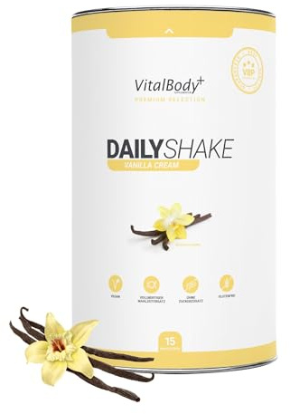 VitalBody+ DailyShake Vegan, Vanilla Cream, 450 g, Mahlzeitenersatz-Shake zum Abnehmen, 15 Mahlzeiten, nur 250 kcal pro Shake, vollwertig & kalorienarm ersetzen