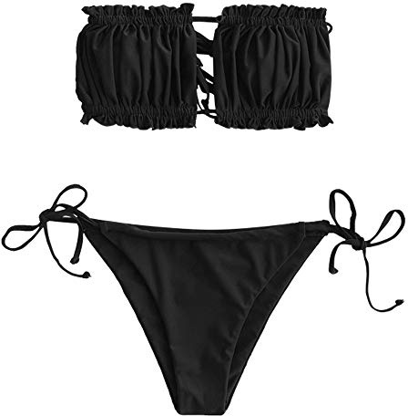 Zaful Ensemble bikini pour femme Haut de bikini bandeau froncé avec liens et slip de bain échancré Couleur unie - Noir - 38