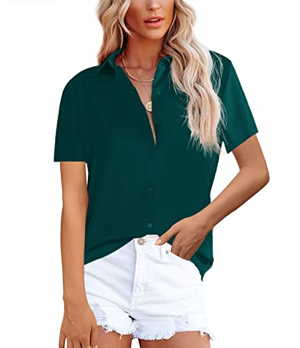 NONSAR Damblus, eleganta långa ärmar, skjortblus med ståkrage, kontorsblusar, lediga toppar, Mörkgrön kort ärm, L