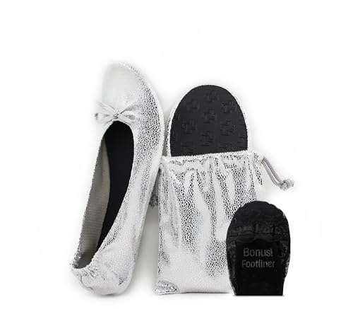 Silky Toes Women’s Foldable Ballet Flats – Portable Roll-Up Slippers for Purse, Travel, or Events – Comfortable Ballerina Shoes (Silver, Medium)