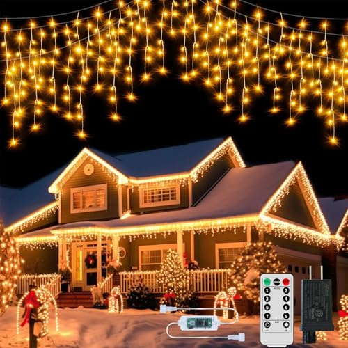 600LED Plug-in Christmas Icicle String Lights, 75Ft With Remote, 8 Modes Warm White Twinkle Fairy Waterproof for Terrace Wall Outdoor Decoration