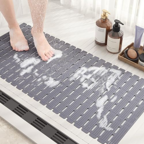 COLOR&GEOMETRY Shower Mat Non Slip Anti Mould 40x68Cm, Shower Mat Cut to Size, Machine Washable Bathroom Mat With Strong Suction Cups Non Slip Bath Mats for Inside Bath, Walk-In Bathroom - Grey