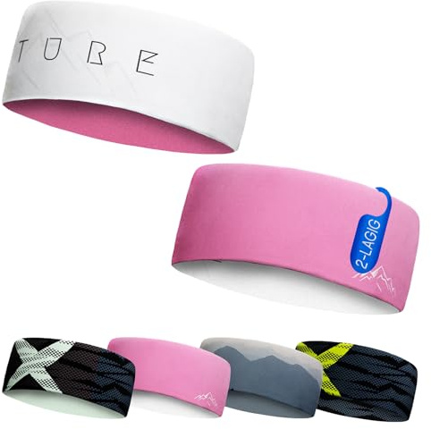 Junior 4-14 Jahre Sport Stirnband zum Wenden, 2-lagig für kalte Temperaturen, schnelltrocknend, Headband, Ohrenschützer, Schweißband, Haarband, Kopfband, Wandern, Laufen, Rad, Ski (PinkWhiteNature)