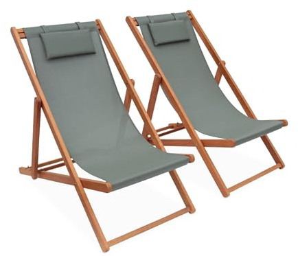 sweeek - Chiliennes Bois - Creus - 2 transats en Bois d'Eucalyptus huilé avec Coussin Repose-tête Savane