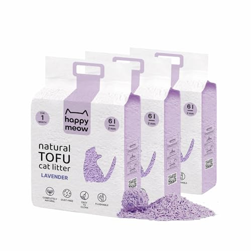 HAPPY MEOW Arena de Tofu para Gatos (18L/7,5Kg) - Natural y Biodegradable - Aglomerante Instantáneo, Bajo en Polvo, Control de Olores Duradero, Ultra Absorbente, Desechable en el Inodoro (Lavanda)