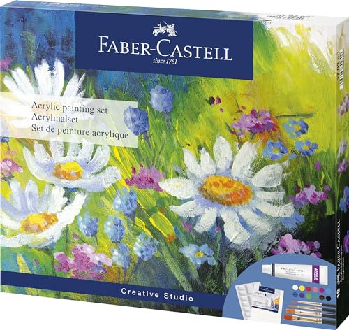 Faber-Castell 379280 - Acrylfarben Set 18-teilig, mit 12 Acrylfarben, Leinwand 20 x 25 cm, Mischpalette und 4 Pinsel