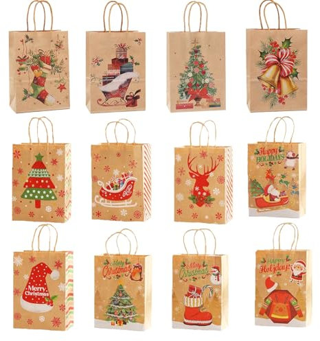 Geschenktüten Weihnachten 12 Stück - Weihnachtstaschen Papier Mit Henkel - Papiertüten Zur Aufbewahrung Von Geschenken, Gebäck, Partyzubehör