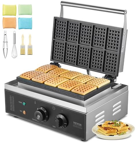 VEVOR Gaufrier Commercial 1550 W, Appareil à Gaufres Belges Rectangulaires, Capacité 10PCs, en Acier Inoxydable, Antiadhésif, avec Contrôle de la Température et du Temps, Boulangerie, Snack-bar