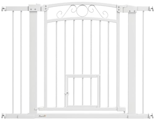 PawHut Cancelletto di Sicurezza per Cani da Interno, Cancelletto per Cani con 2 Estensioni 76-104 cm e Porta per Gatti, Cancello per Cani Animali Domestici Alto 77 cm, per Corridoio e Scale, Bianco