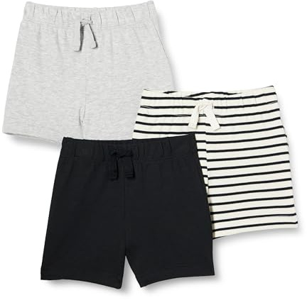Amazon Essentials Pantalones cortos de algodón sin cordones Unisex Niño, Pack de 3, Gris Claro Mezcla/Negro/Rayas, 3 años