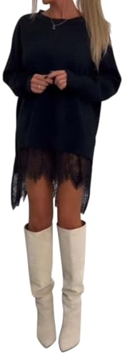 Onsoyours Robe Sweat Femme Sweat Long Hiver Pullover Femme sans Capuche Couleur Unie Col Rond Robe Pull avec Dentelle Casual Manches Longues Robe Sweat Mini Robe A Noir M