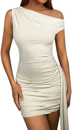 Women's Sexy Bodycon Mini Dress Slim Fit Asymmetrical Neck Sleeveless Dresses Party Cocktail Date Night Short Dress, Beige-ruched, M