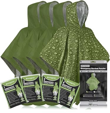 aZengear Emergency Survival Poncho (4pc) Thermal Mylar Foil Coating Blanket for Heat Retention and Rain | Reversible with Hood | Waterproof, Windproof, Hands-free, Outdoor Kit (Green)