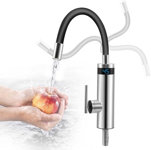 Grifo Eléctrico con Calentador de Agua Instantáneo, Grifo de Acero Inoxidable de 3000W, Calentador de Agua de Cocina con Cuello Giratorio y Pantalla de Temperatura, para Cocina Baño Caravana