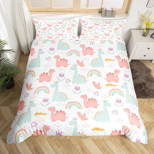 richhome Cartoon Dino Bedding Set Junior/Cot Bed Pink Green Dinosaur Duvet Cover For Kids Boys Girls Cute Jungle Dinos And Rainbow 2Pcs Comforter Cover Teenagers