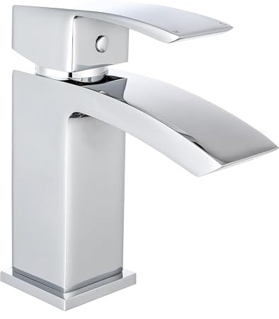 VeeBath Tidal - Miscelatore monocomando per lavabo con scarico, finitura cromata, bordo squadrato, leva singola, moderno rubinetto da bagno, miscelatore moderno per lavabo