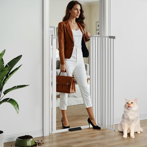 Semiocthome Extra Tall White Pet Gate, 130cm High for Dogs and Cats, Pressure-Mounted for 78-90cm Doorways, Features 90° Two-Way Swing & Auto-Close, Metal Walk-Through Gate for Stairs and Bedrooms