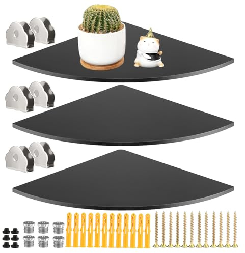 DHSWNNG 3 PCS Corner Shelf Black, 25cm/10 Floating Corner Shelves Acrylic Corner Wall Shelf With Screws Corners Mounting Shelfs Circular Arc for Room Kitchen Office (Thick 0.5cm)