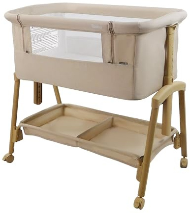 Asalvo Smart Minicuna Colecho Bebé 2 en 1 – Cuna Colecho con 7 Alturas Regulables, Ruedas con Freno, Colchón Incluido, Minicuna Bebé Recién Nacido (Beige)