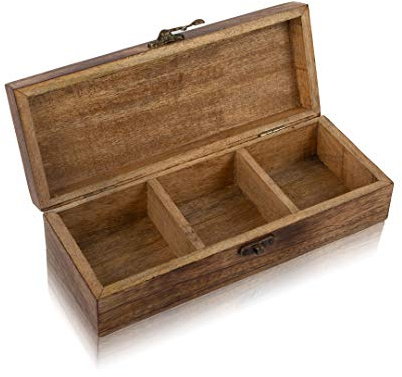 Wooden Tea Box Storage Chest Organizer Container Holder Rack With 3 Large Storage Compartments For Assorted Variety Of Loose Tea Spices & Herbs Natural Eco Friendly Vintage Rustic Decorative Box