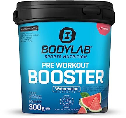 Bodylab24 Pre-Workout Booster Anguria 300g, bevanda energetica pre-allenamento, con 136mg di caffeina, taurina ed estratto di guaranà, aminoacidi essenziali BCAA e beta-alanina, arginina, citrullina