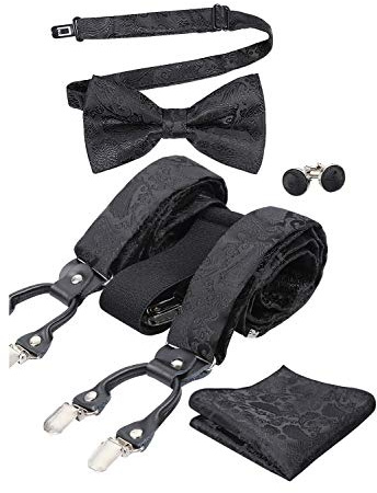 Alizeal Mens Paisley Pattern Bow Tie and Braces, Handkerchief, Cufflinks Set-Black