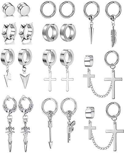 BVLAGIDA 20 Stücke Edelstahl magnet ohrringe für Männer Damen Creolen Kreuz Anhänger Nicht Piercing Hypoallergen Non-piercing Clip on Ohrringe, Silber