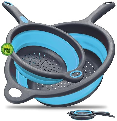 Walfos Scolapasta Pieghevole con Manico, Set di 2 pezzi da 20 e 24 cm Cucina Pieghevole sopra Il Lavandino del Silicone Colander/Setacci, scolapasta silicone Lavabili in Lavastoviglie, Blu