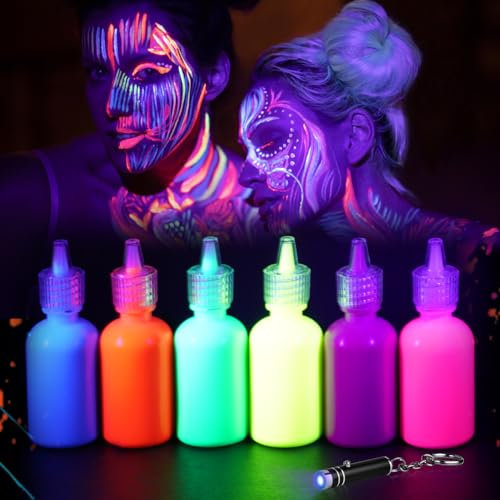 LOPHE Pintura Facial Niños, 6*30ml Pintacaras Infantil Kit, Pintura Neon Cara con Lámpara UV, Pinturas Fluorescentes Cara y Corporal, Hipoalergénico, Maquillaje UV Halloween Festival (Conjunto A)