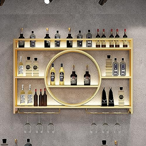 porte-bouteilles muraux industriels, casier à vin en métal et étagère polyvalente en verre pour bar boissons et cuisine (Color : Gold)