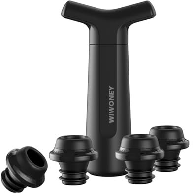 WIWONEY Pompa Salvavino con 4 Tappi Vino Sottovuoto Riutilizzabili, Set Professionale per la Conservazione dei Vini, Nero