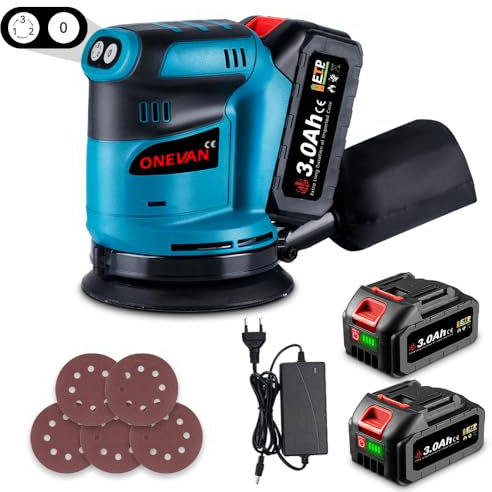 OnEVAN Lijadoras Excéntricas Inalámbricas con 2 Baterías 3000mAh, Lijadora de 125 mm 12000 rpm, con Bolsa para el Polvo y 5 Papeles de Lija, Lijadora Eléctrica para Madera