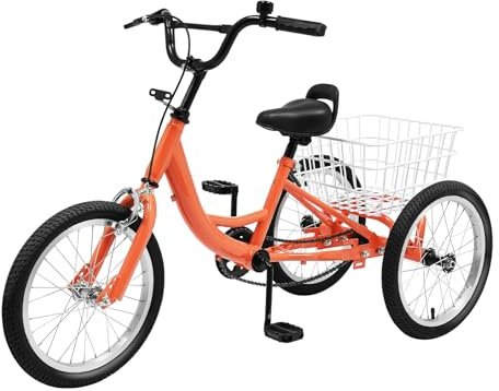 Dreirad für Kinder, Single Speed 3 Wheel Bike Tricycle mit Einkaufskorb, Kinderfahrrad Geschenk für Kinder, für Kinder von 7-10 Jahren mit Einer Größe von weniger als 145cm (Hellorange, 16 Zoll)