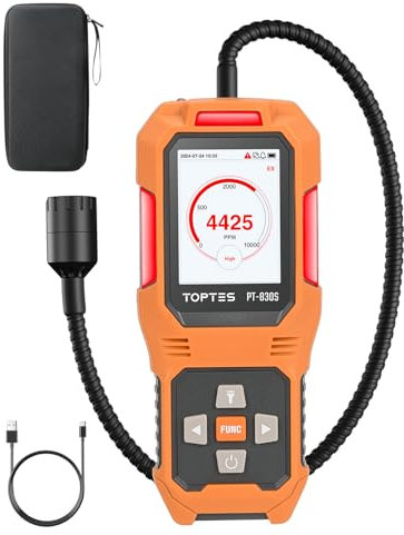 TopTes PT-830S Wiederaufladbarer Gasmelder mit 36,8cm Sonde, Bereich 0-10000 ppm, TFT-Farbdisplay mit 3 Alarmtypen, Hohe Empfindlichkeit gaslecksuchgerät für Propan, Methan für Haushalt oder Industrie