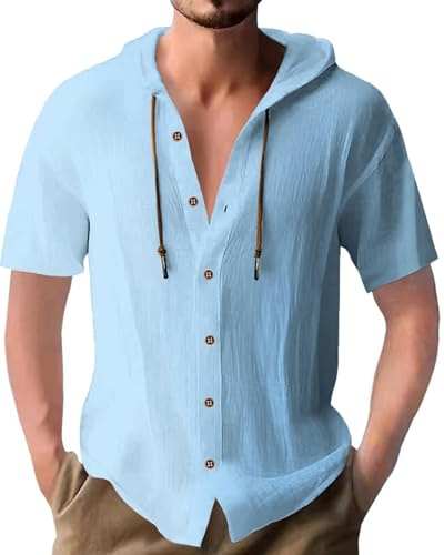 PRIVIMIX Mens Shirts Short Sleeve Cotton Linen Shirt Button Down Hooded Tshirt Summer Hoodie Top for Beach Holiday Blue L