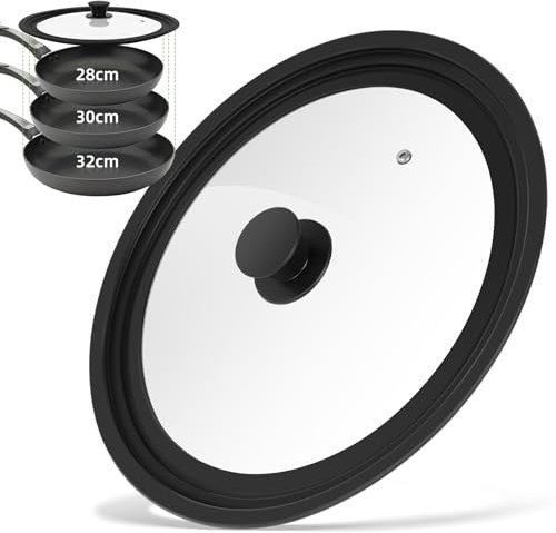 Aevcvok Coperchio Universale, Nero Coperchi Universale Vetro Temperato per Pentole con Bordo in Silicone Resistente al Calore,Adatto per Pentole di Diametro 28/30/32 cm