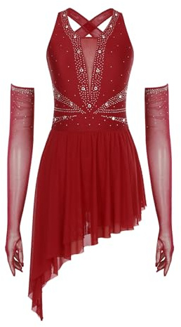 Oyolan Femme Robe Patinage Artistique Gants Ensemble Costume Danse Gymnastique Justaucorps Strass Tenue Danse Contemporaine Bourgogne S