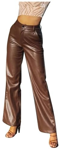 Womens Autumn Winter Faux Leather PU Wide Leg Flared Black Trousers with Button Pockets High Waist Loose Fit Stylish Leather Look Pants for Women (Brown, XL)