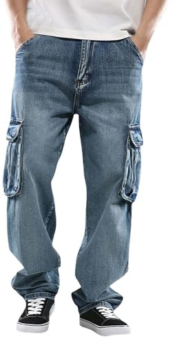 Jeans de trabajo para hombre, clásicos, jeans cargo regulares, denim de pierna recta, pantalones cargo duraderos, corte holgado y cómodo, pantalones de cargo con varios bolsillos y elásticos, azul, L