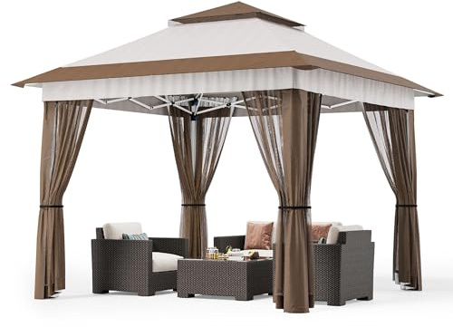 Bealife Pabellón Pop-Up 3,35x3,35m con Altura Ajustable – Gazebo Impermeable para Exteriores con Mosquitero, Protección UV y Bolsa con Ruedas Tonnelle Avec parois latérales Beige (Beige, 3 x 3)