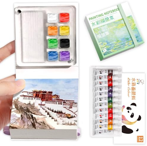 JanFebMar Pintura con Libros Agua, Bloc de Acuarelas Adultos Principiantes, Block de Papel Para Acuarela con 12 Colores Incluidos, Libro Anti Estrés Para Relajación y Pintura